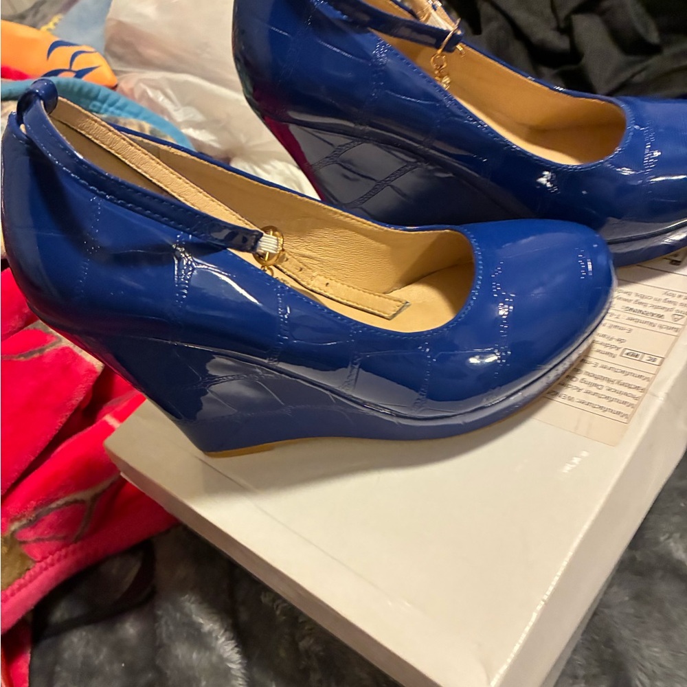 Blue Patent Leather Wedge Heels